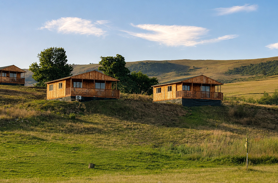 2-Bedroom Pet-Friendly Riverside Cabin 8: Yadah - Cabins on the hillside at sunset
