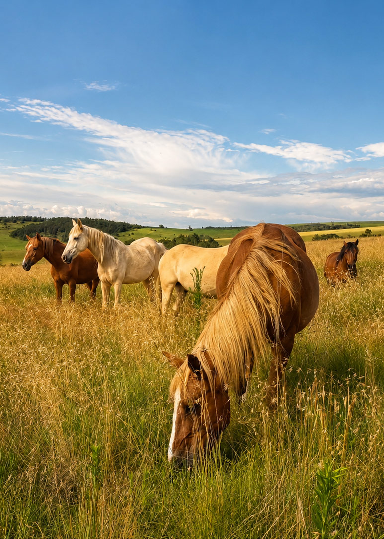 Horses grazing in open pasture