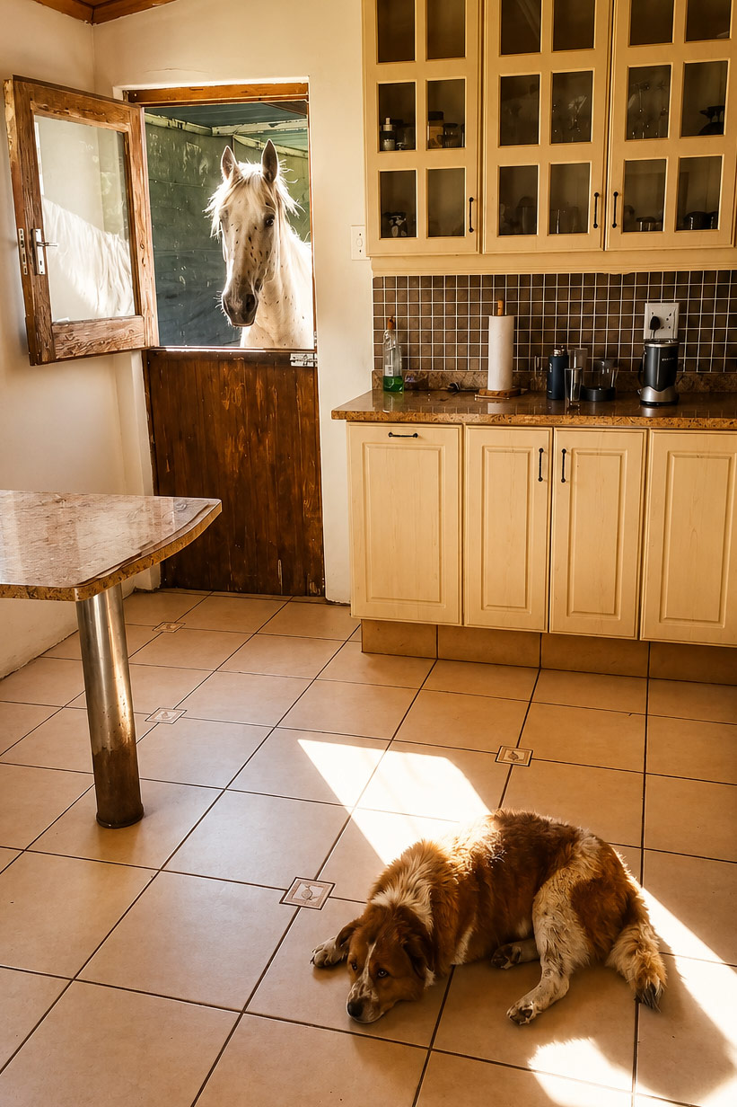 Curious horse at the kitchen door with farm dog resting