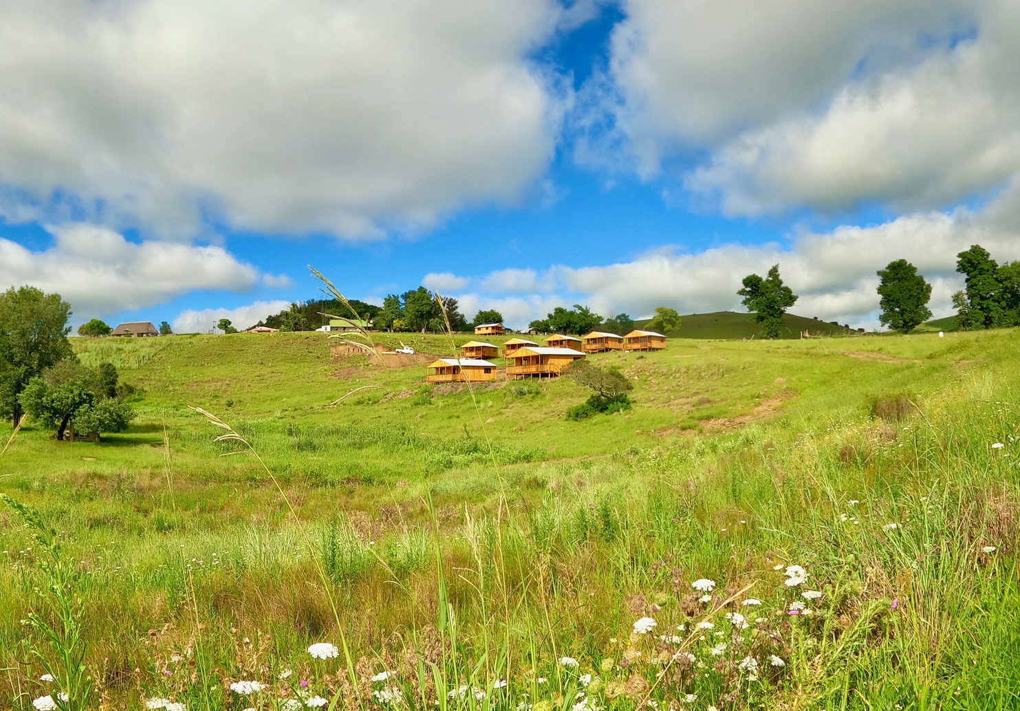 Waterhoek cabins set across rolling green Midlands hills