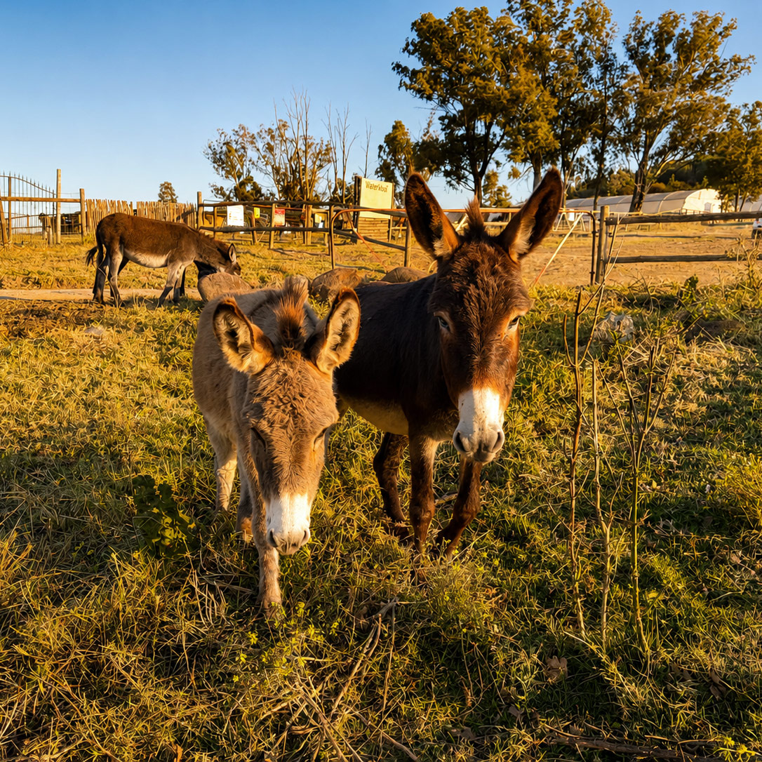 Donkeys at golden hour by the farm gate