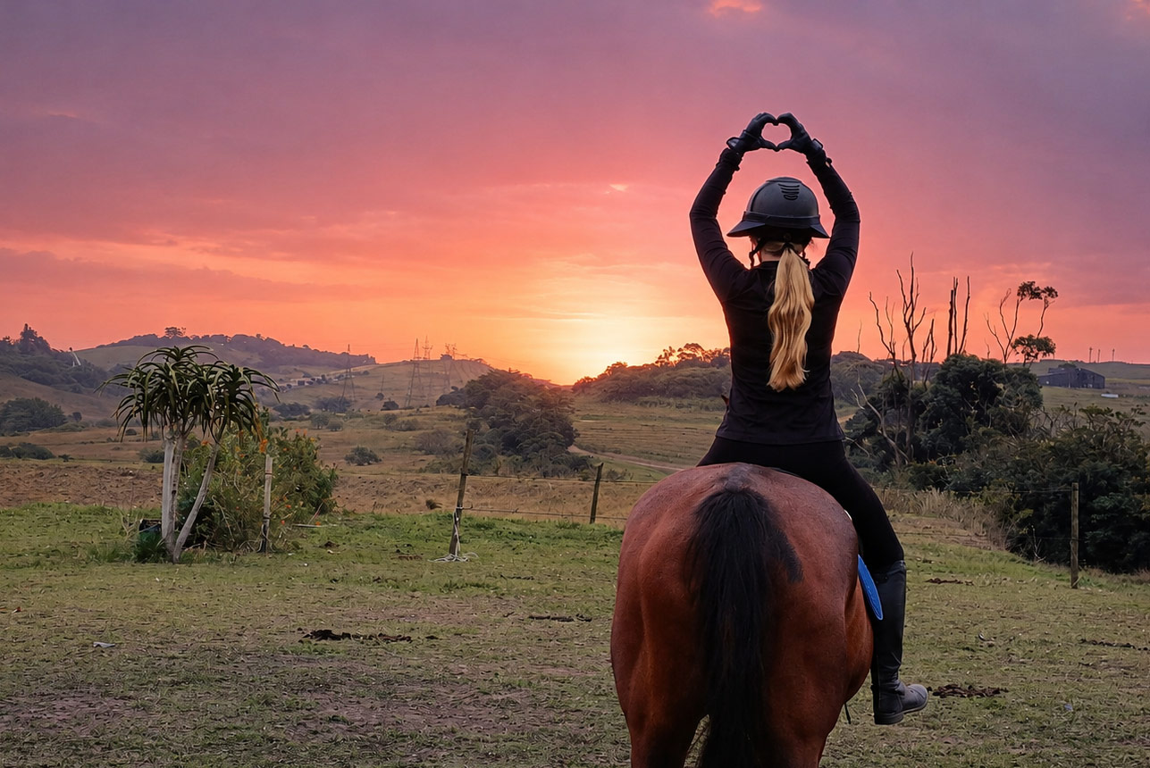 Rider at sunset framing a heart over the horizon