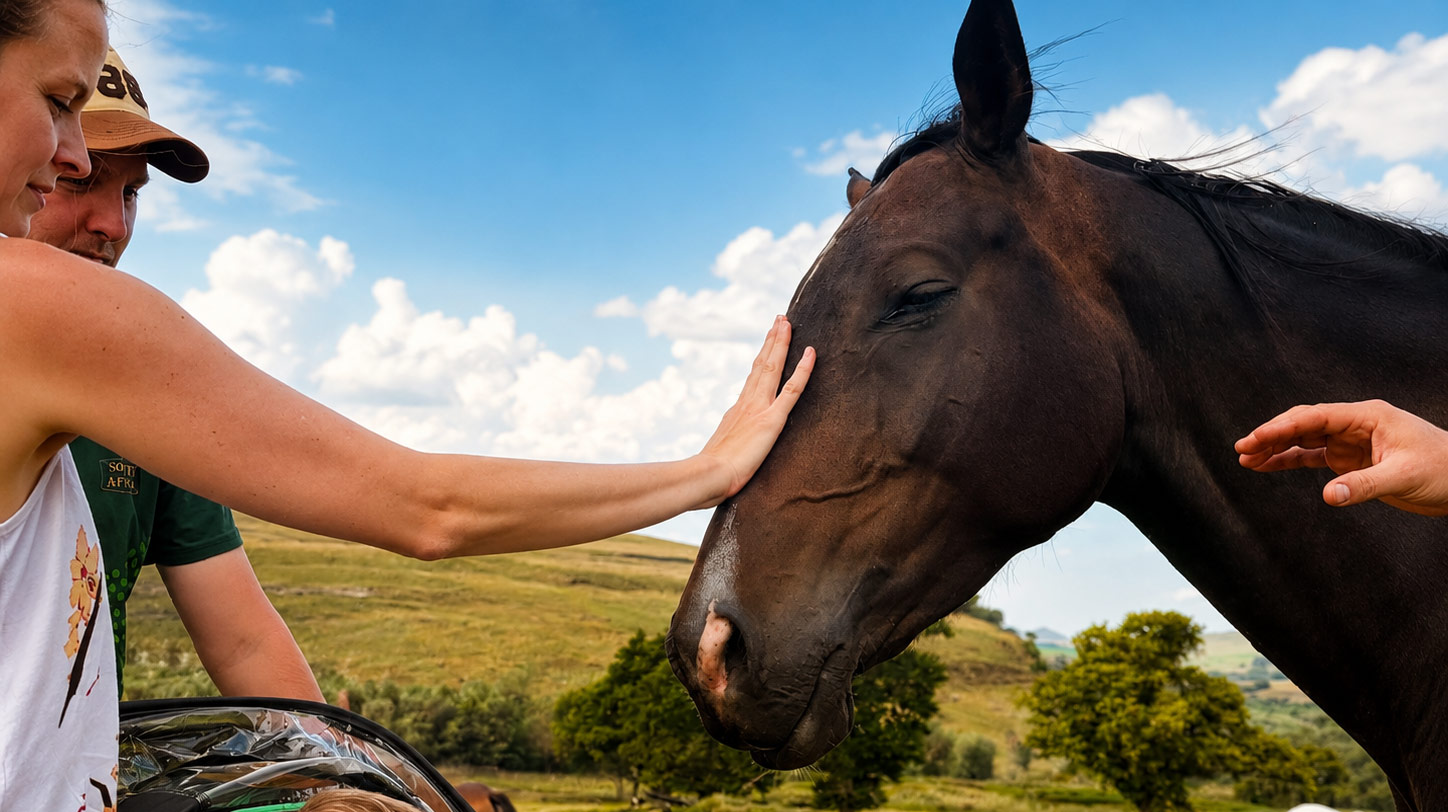 Guest gently placing a hand on a horse's face in the Midlands hills
