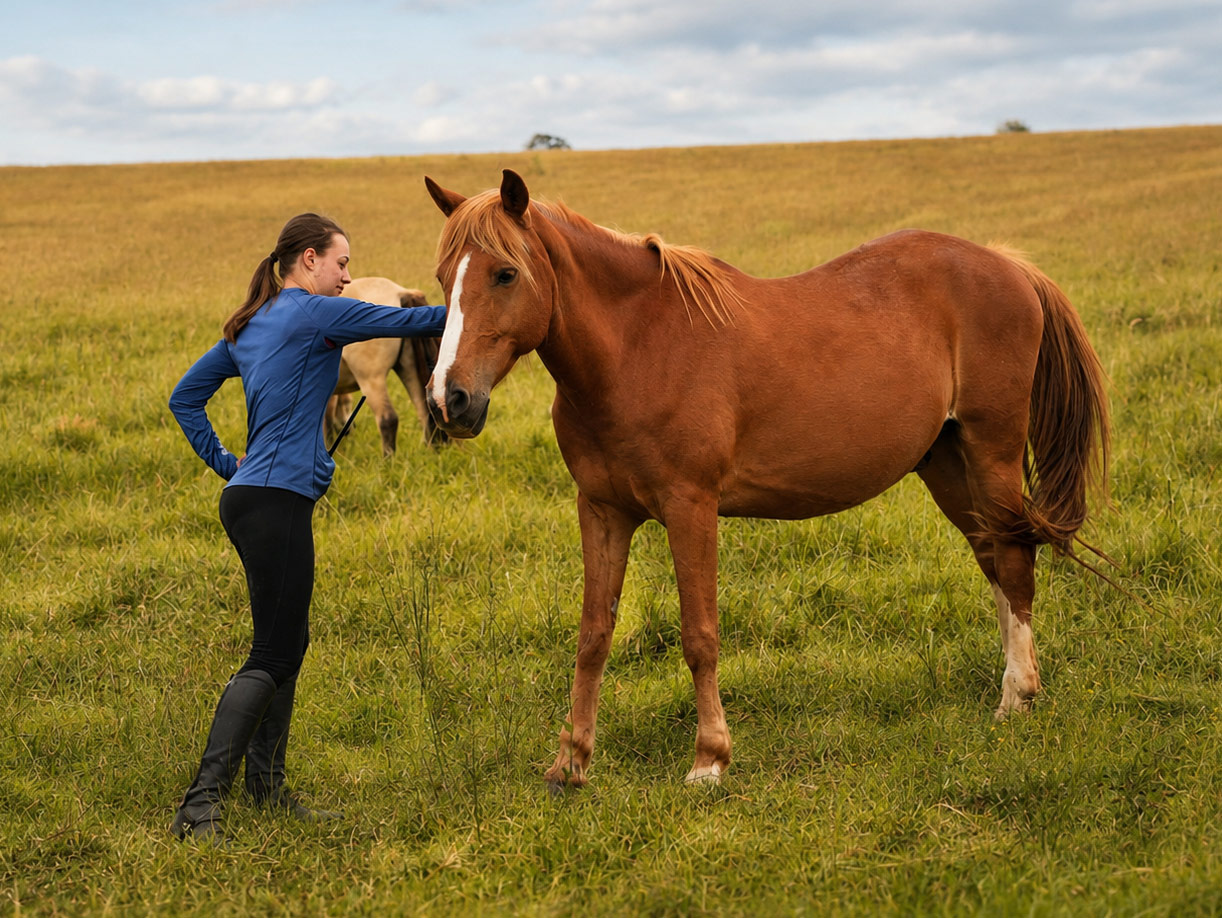 Young rider connecting with her horse in the field