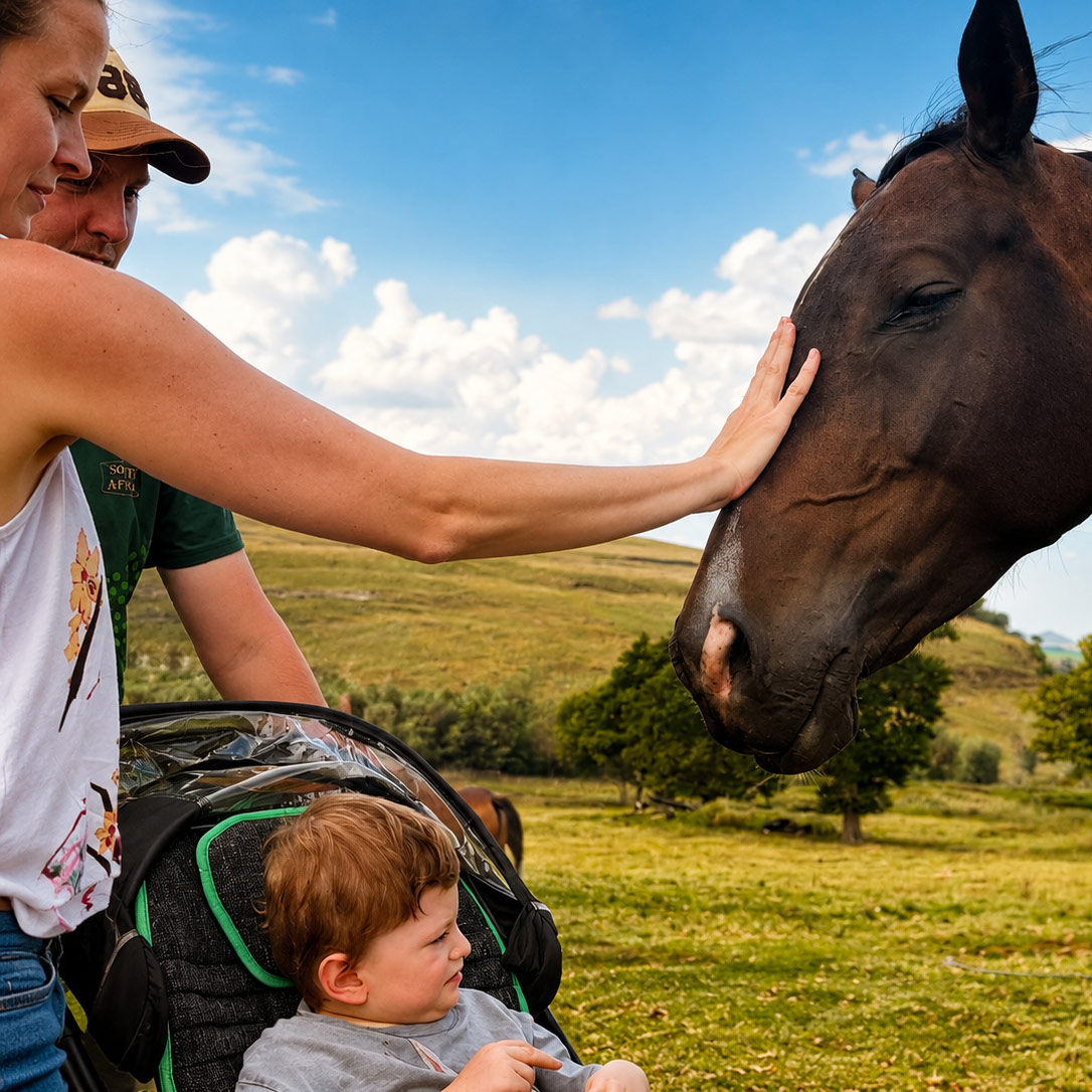 Family moment with a horse in the meadow