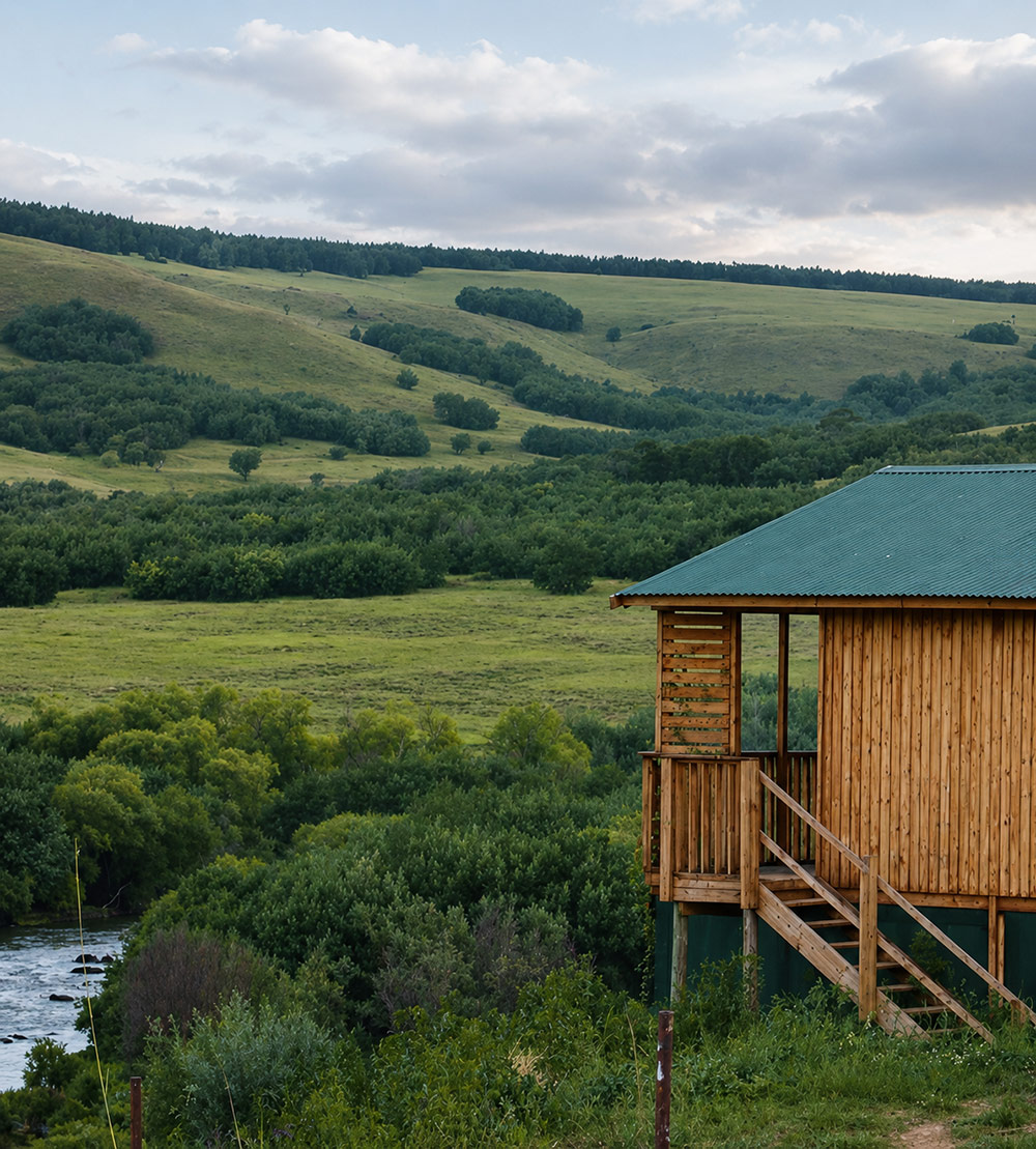 Image: riverside cabin / cottage deck at dusk