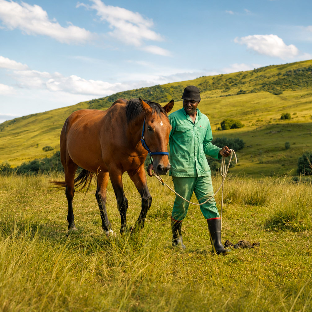 Groom walking a horse across the hills