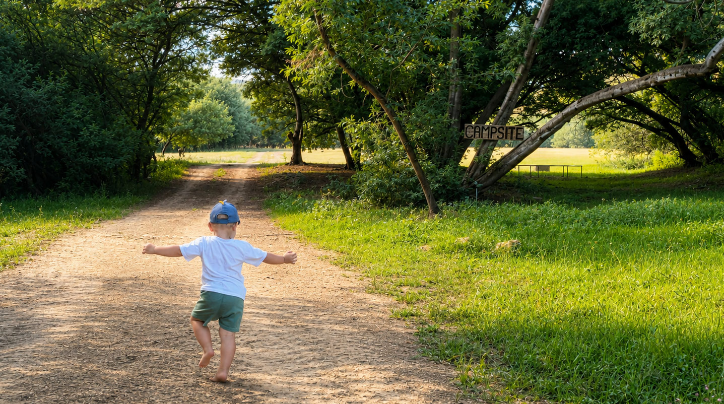 Toddler running toward the campsite path