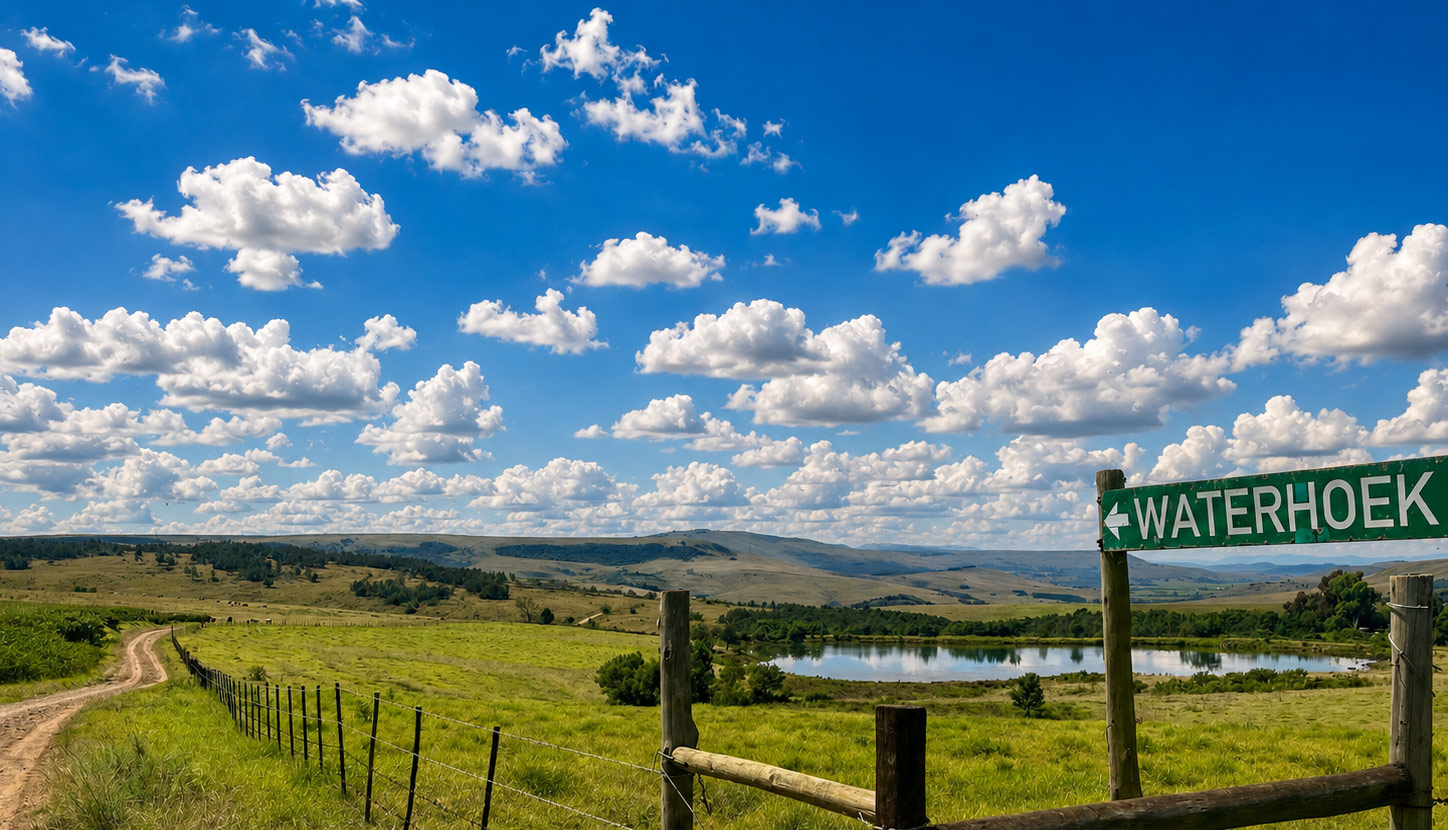 Waterhoek farm sign with open sky and dam beyond