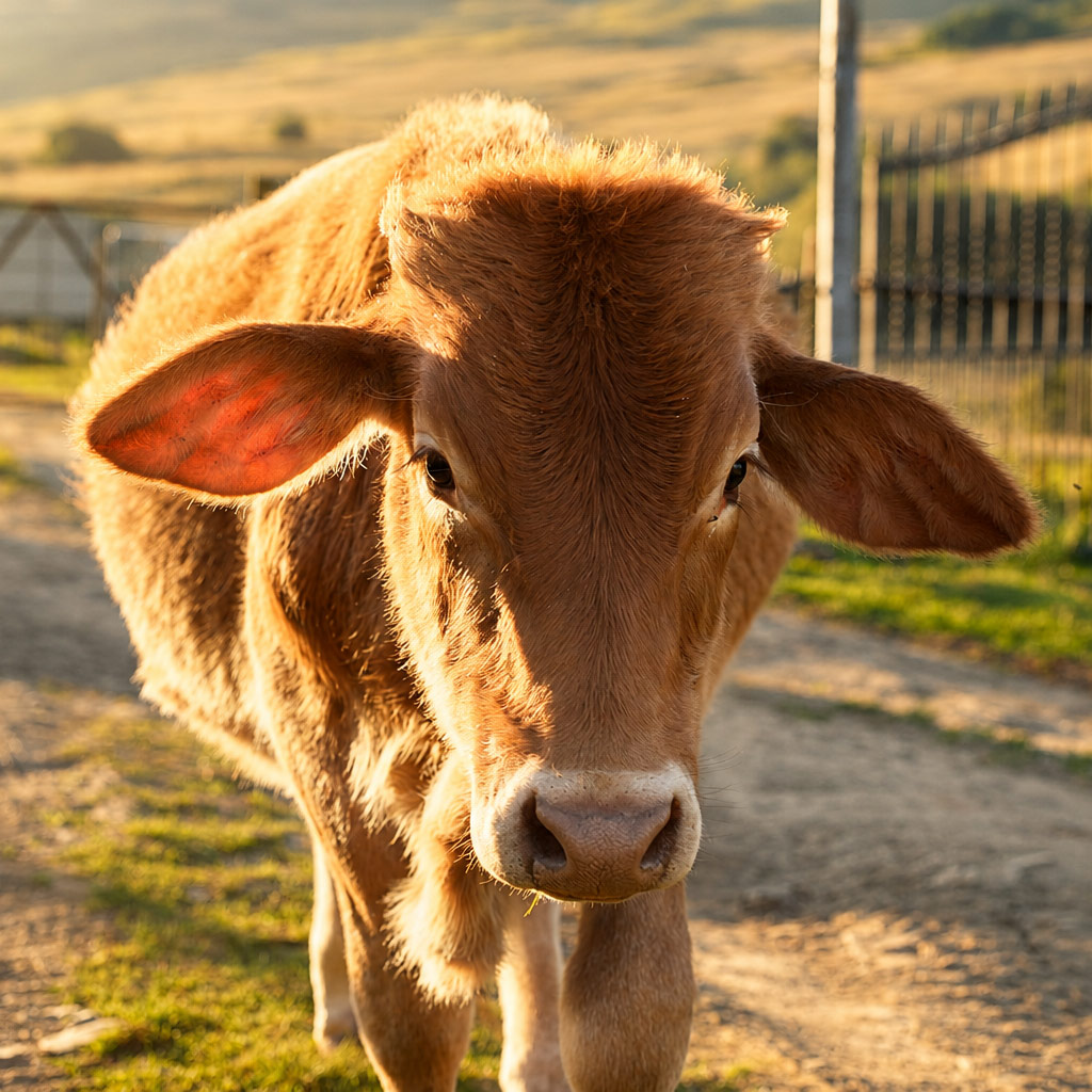 Curious calf at golden hour
