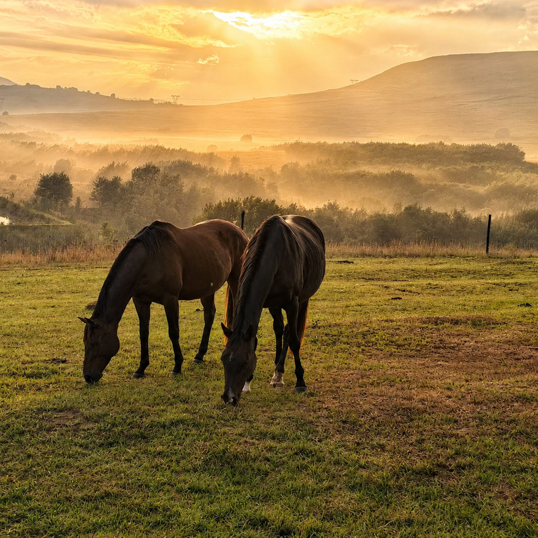 Horses grazing at sunrise in misty hills